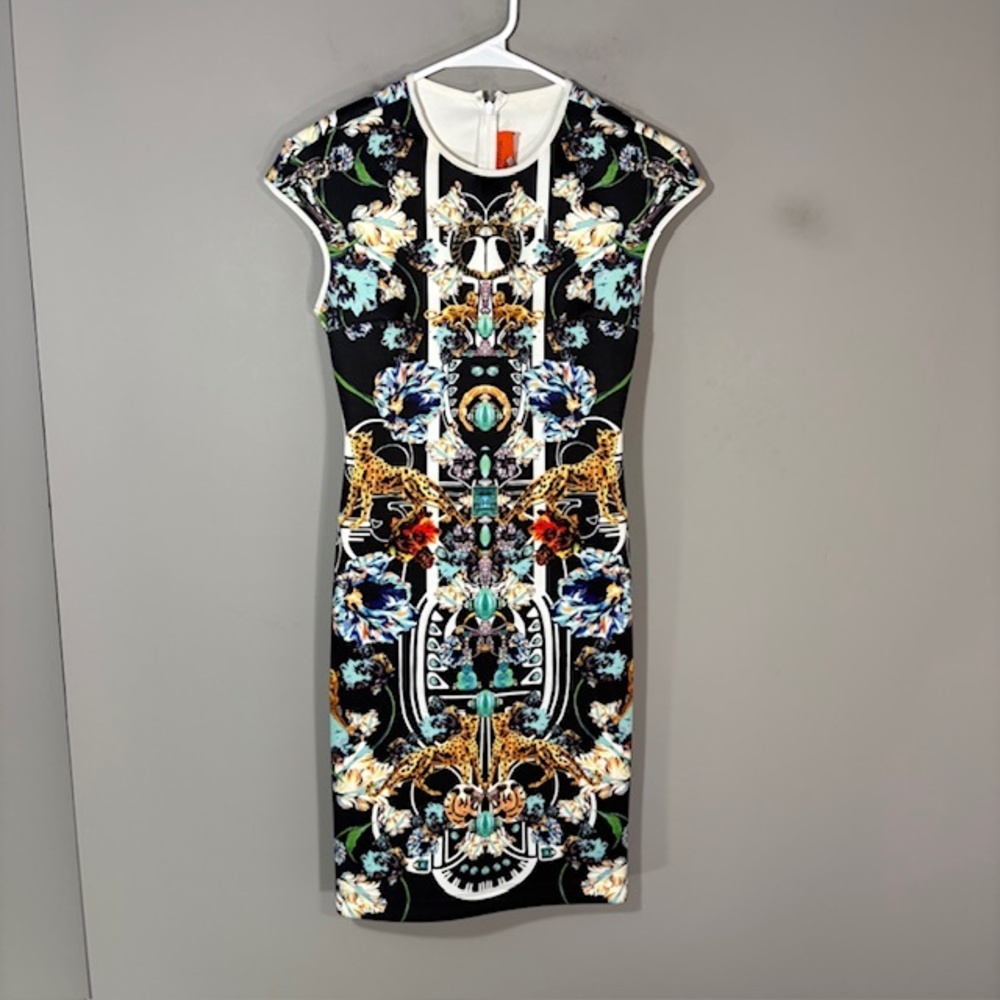 Clover Canyon Dress Womens Small Multicolor Floral Animal Bodycon Knit Knee
